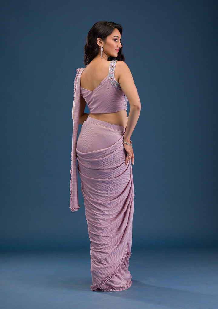 Pink Georgette Mirrorwork Saree With Matching Blouse Piece