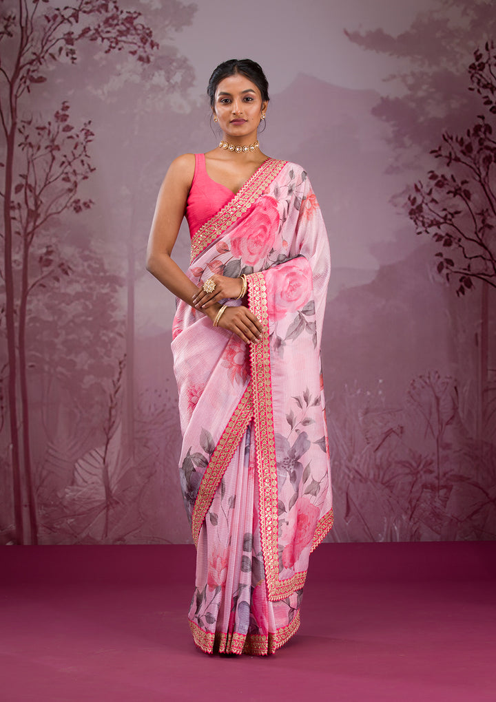 Pink Printed Georgette Saree