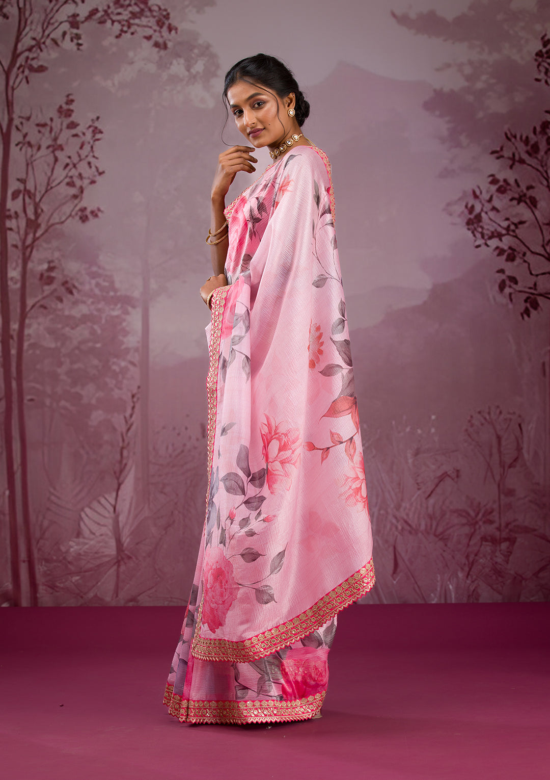 Pink Printed Georgette Saree