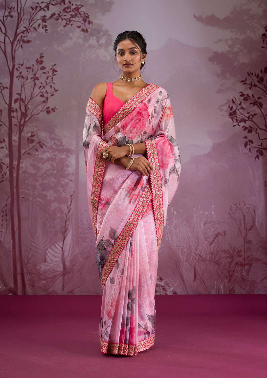 Pink Printed Georgette Saree