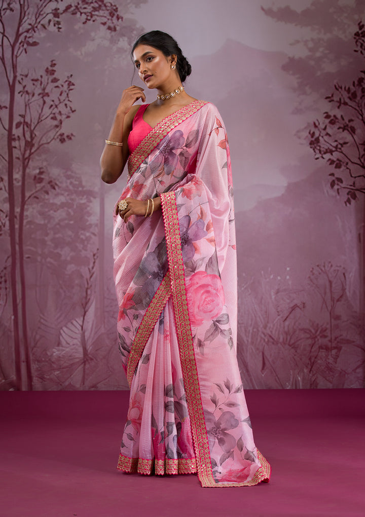 Pink Printed Georgette Saree