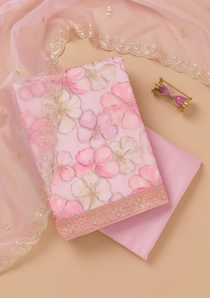 Pink Printed Organza Unstitched Salwar Suit