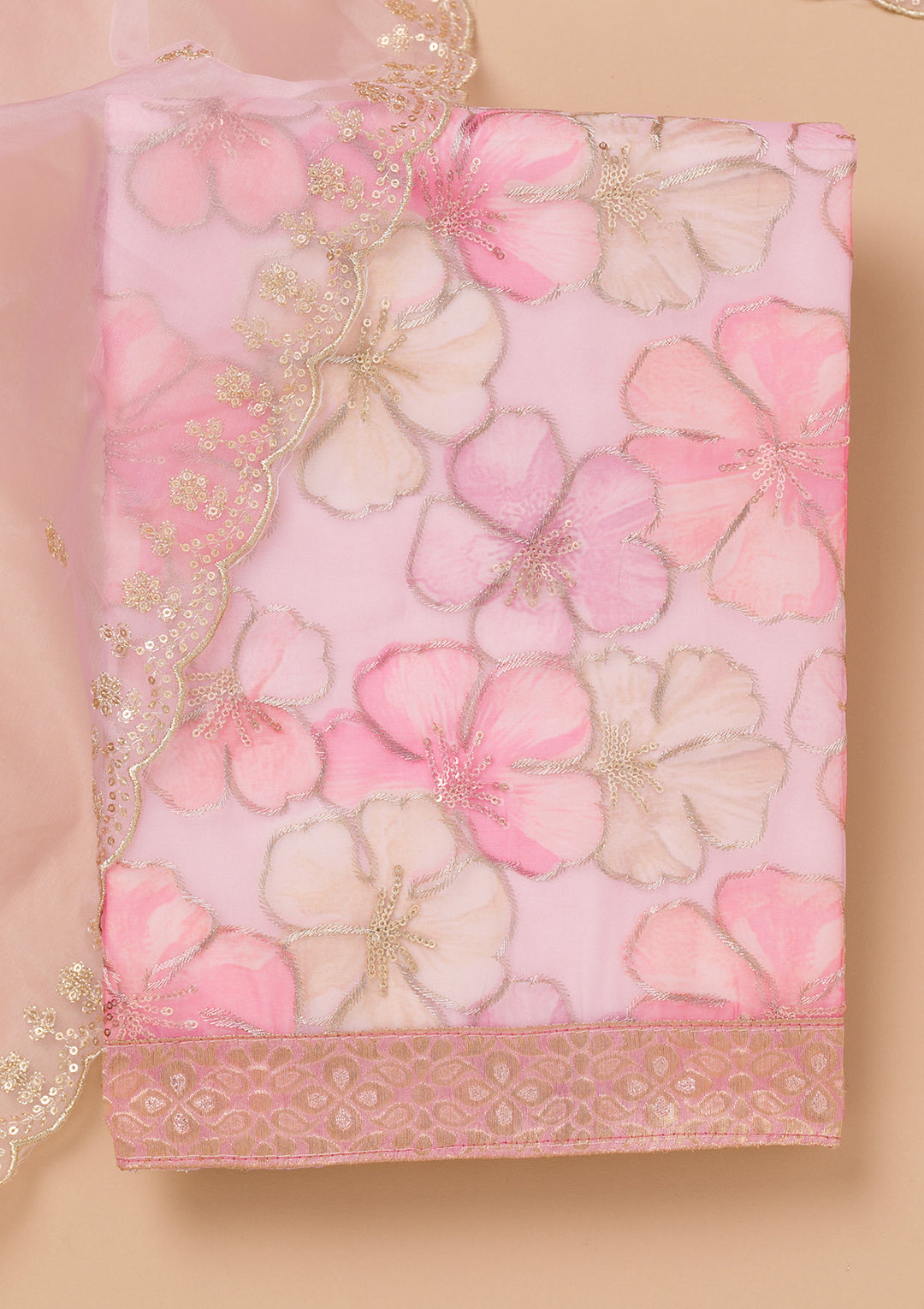 Pink Printed Organza Unstitched Salwar Suit