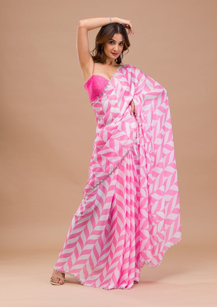 Pink Stonework (Silver) Semi Crepe Saree