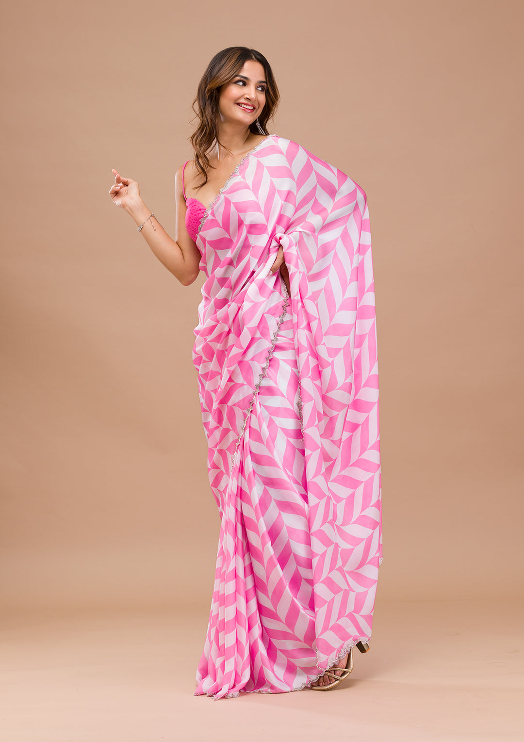 Pink Stonework (Silver) Semi Crepe Saree