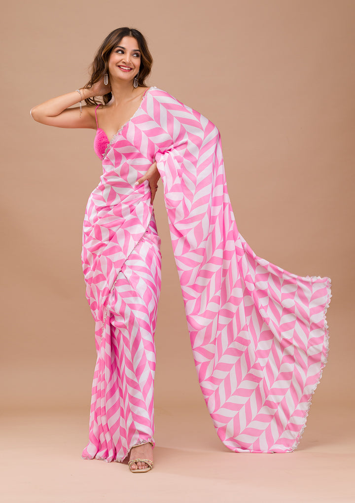 Pink Stonework (Silver) Semi Crepe Saree