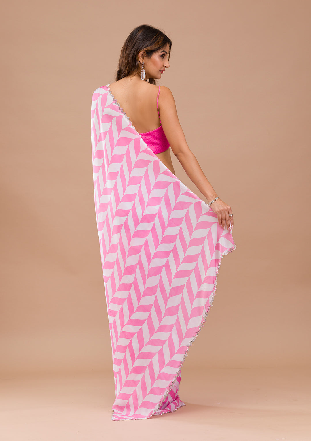 Pink Stonework (Silver) Semi Crepe Saree