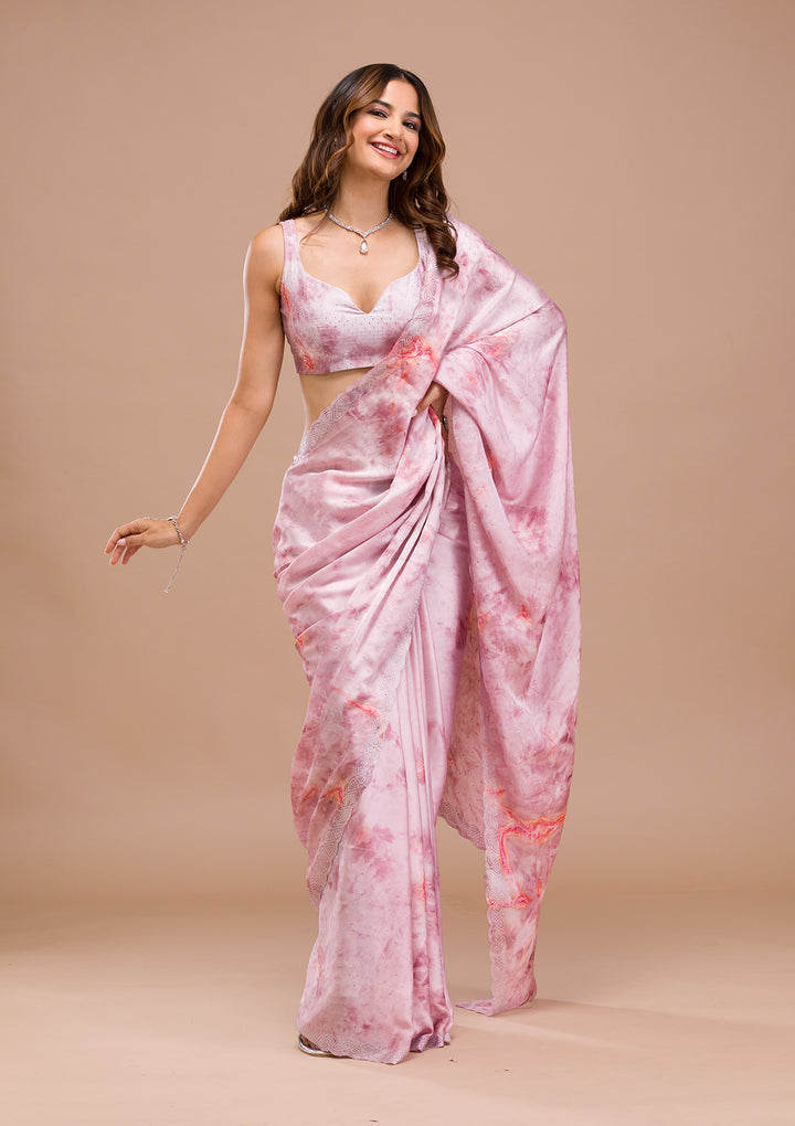 Pink Printed Satin Saree