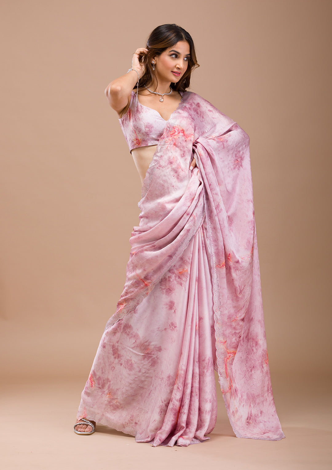 Pink Printed Satin Saree