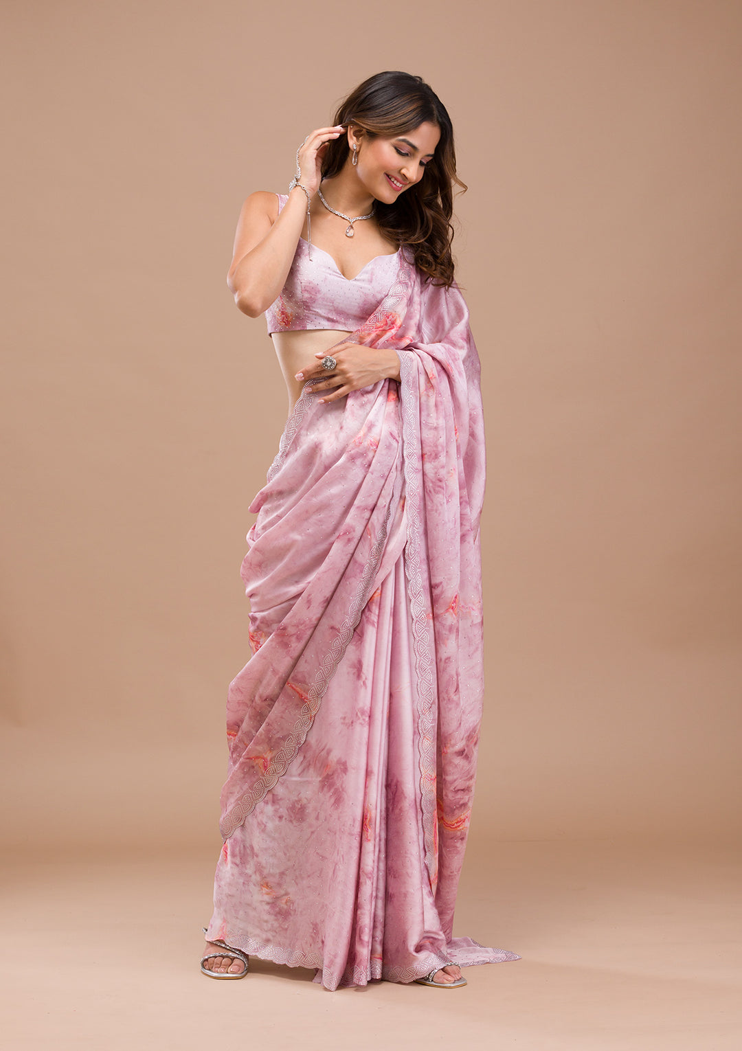 Pink Printed Satin Saree