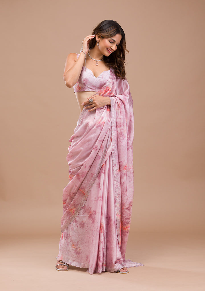 Pink Printed Satin Saree