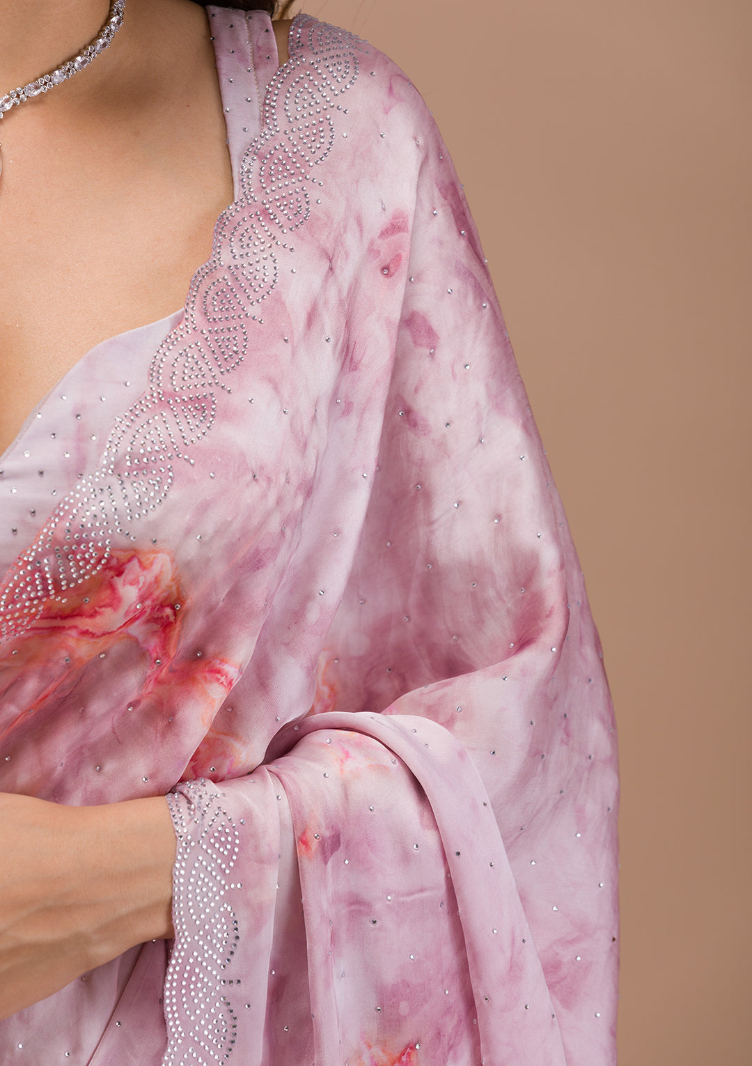 Pink Printed Satin Saree