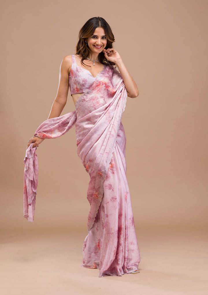 Pink Printed Satin Saree