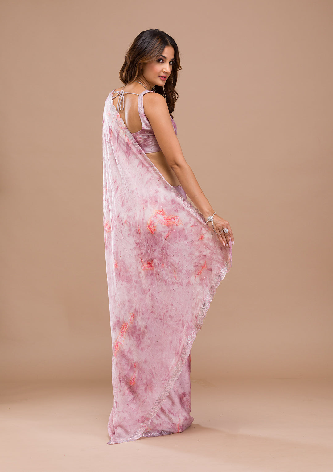 Pink Printed Satin Saree