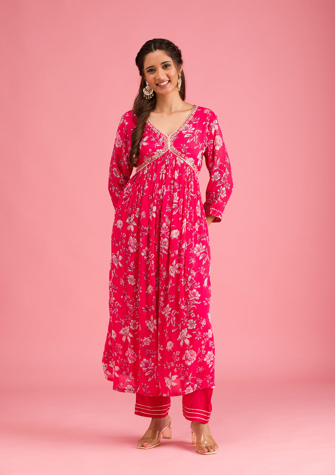 Pink Crepe Floral Mirrorwork A Line Kurta With Pant Regular And Dupatta
