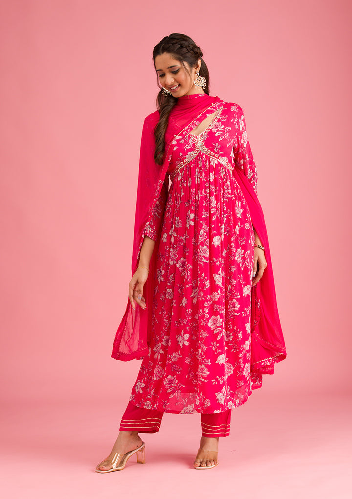 Pink Crepe Floral Mirrorwork A Line Kurta With Pant Regular And Dupatta