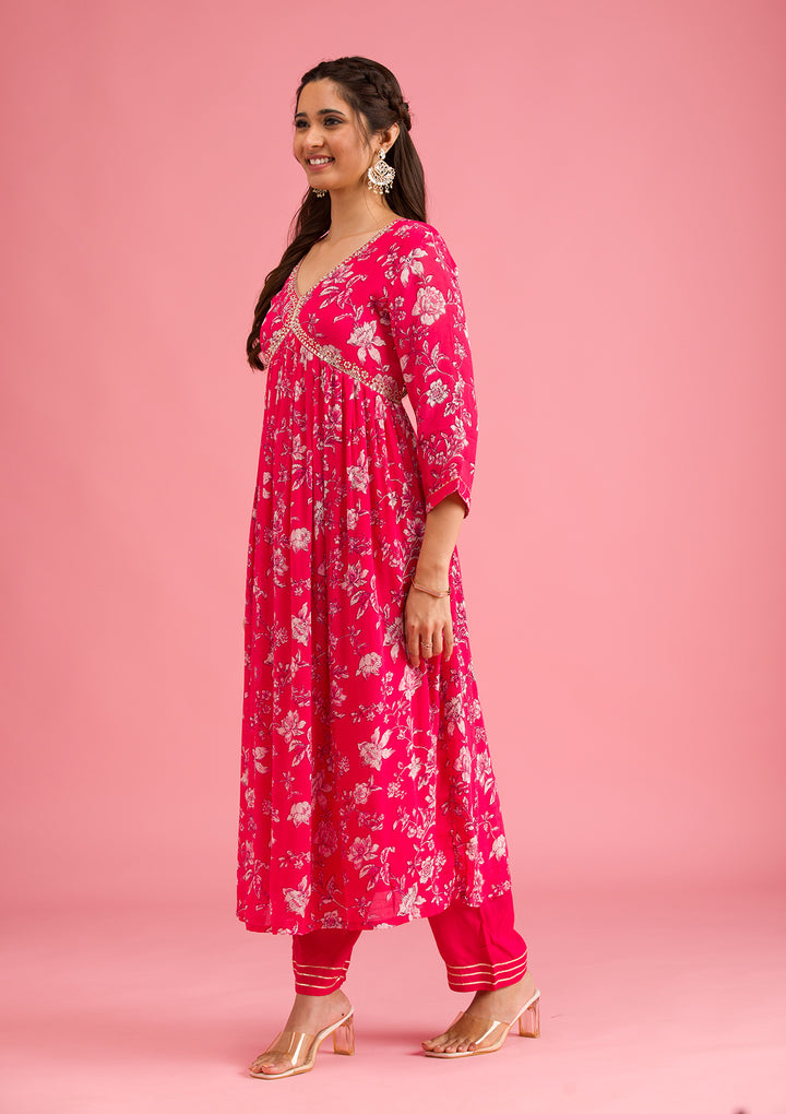 Pink Crepe Floral Mirrorwork A Line Kurta With Pant Regular And Dupatta