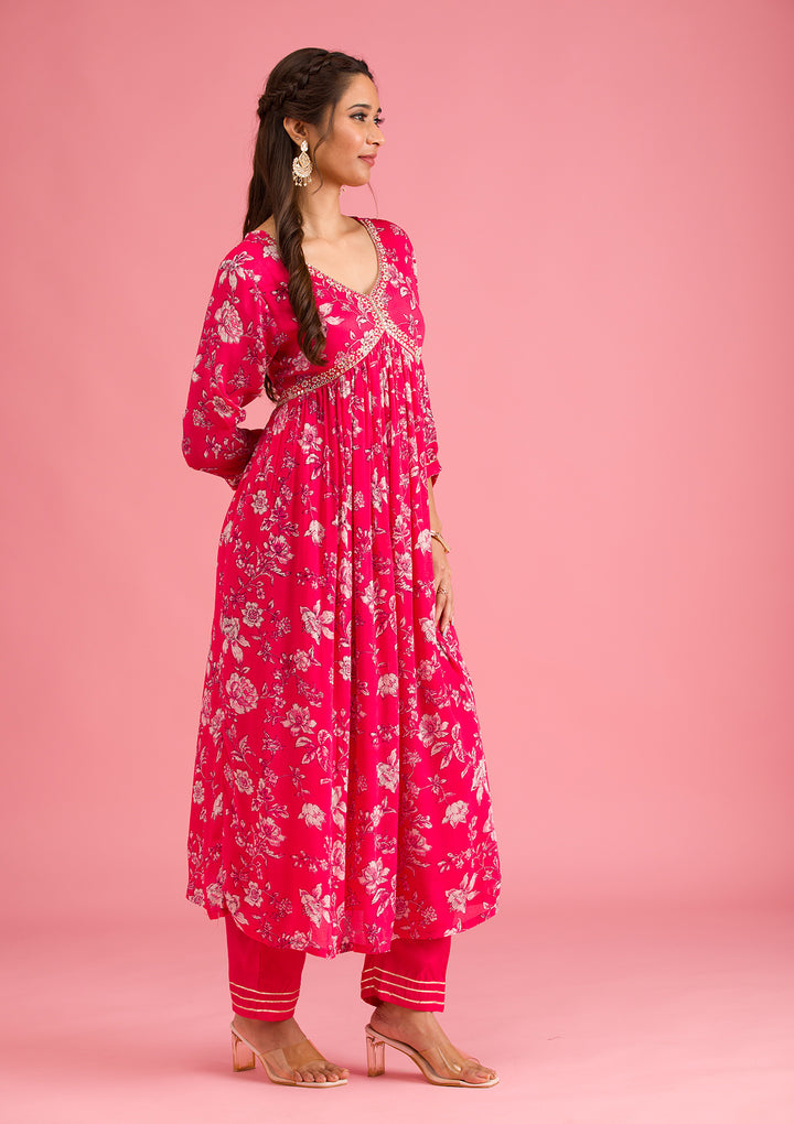 Pink Crepe Floral Mirrorwork A Line Kurta With Pant Regular And Dupatta