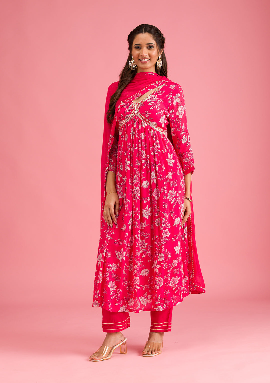 Pink Crepe Floral Mirrorwork A Line Kurta With Pant Regular And Dupatta