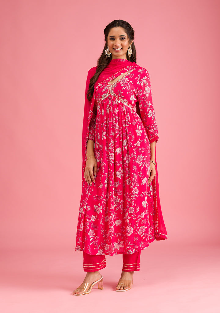 Pink Crepe Floral Mirrorwork A Line Kurta With Pant Regular And Dupatta
