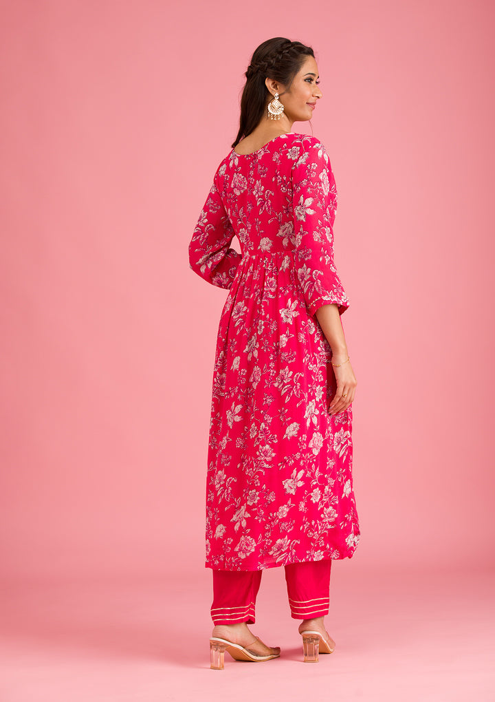 Pink Crepe Floral Mirrorwork A Line Kurta With Pant Regular And Dupatta