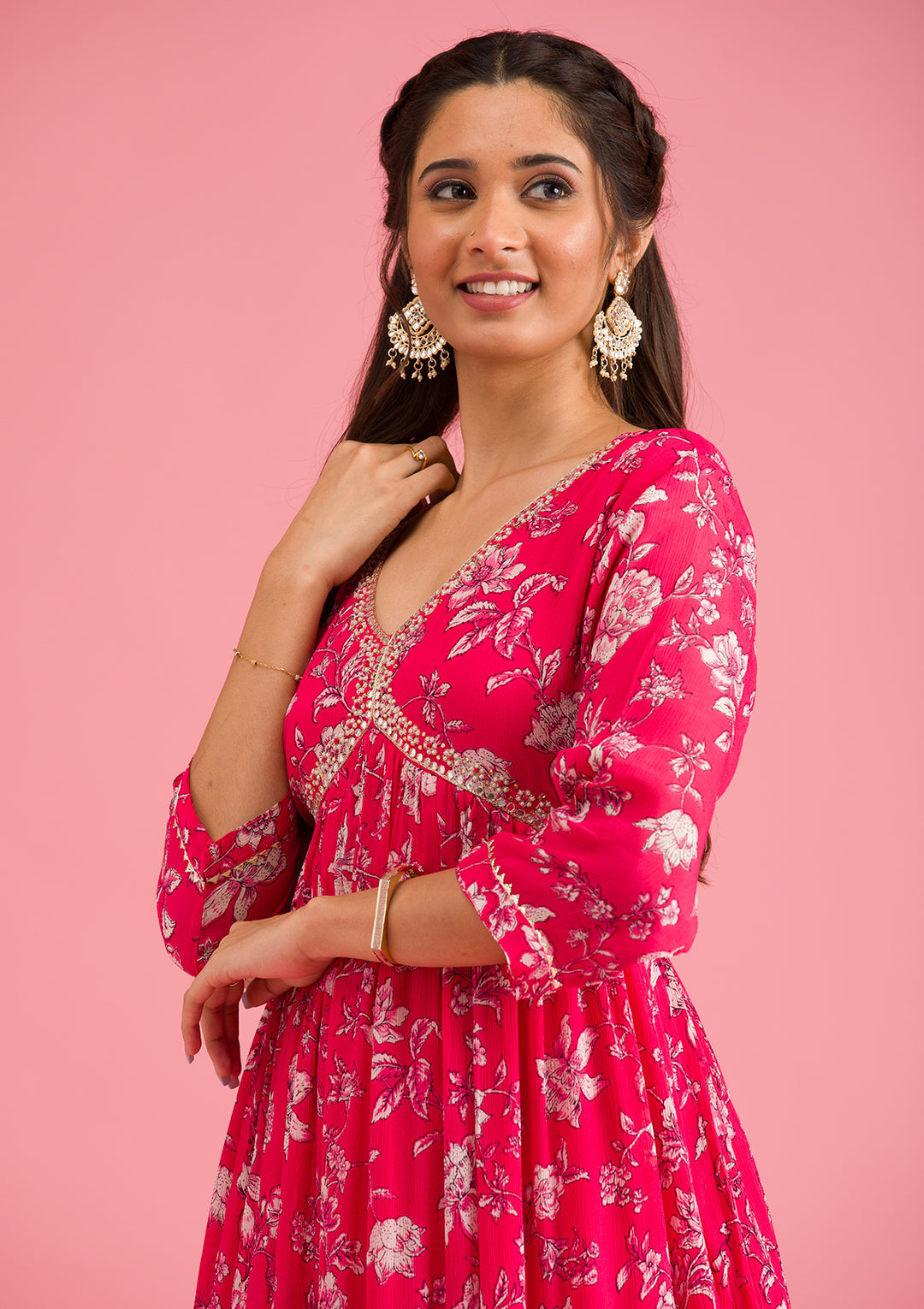Pink Crepe Floral Mirrorwork A Line Kurta With Pant Regular And Dupatta