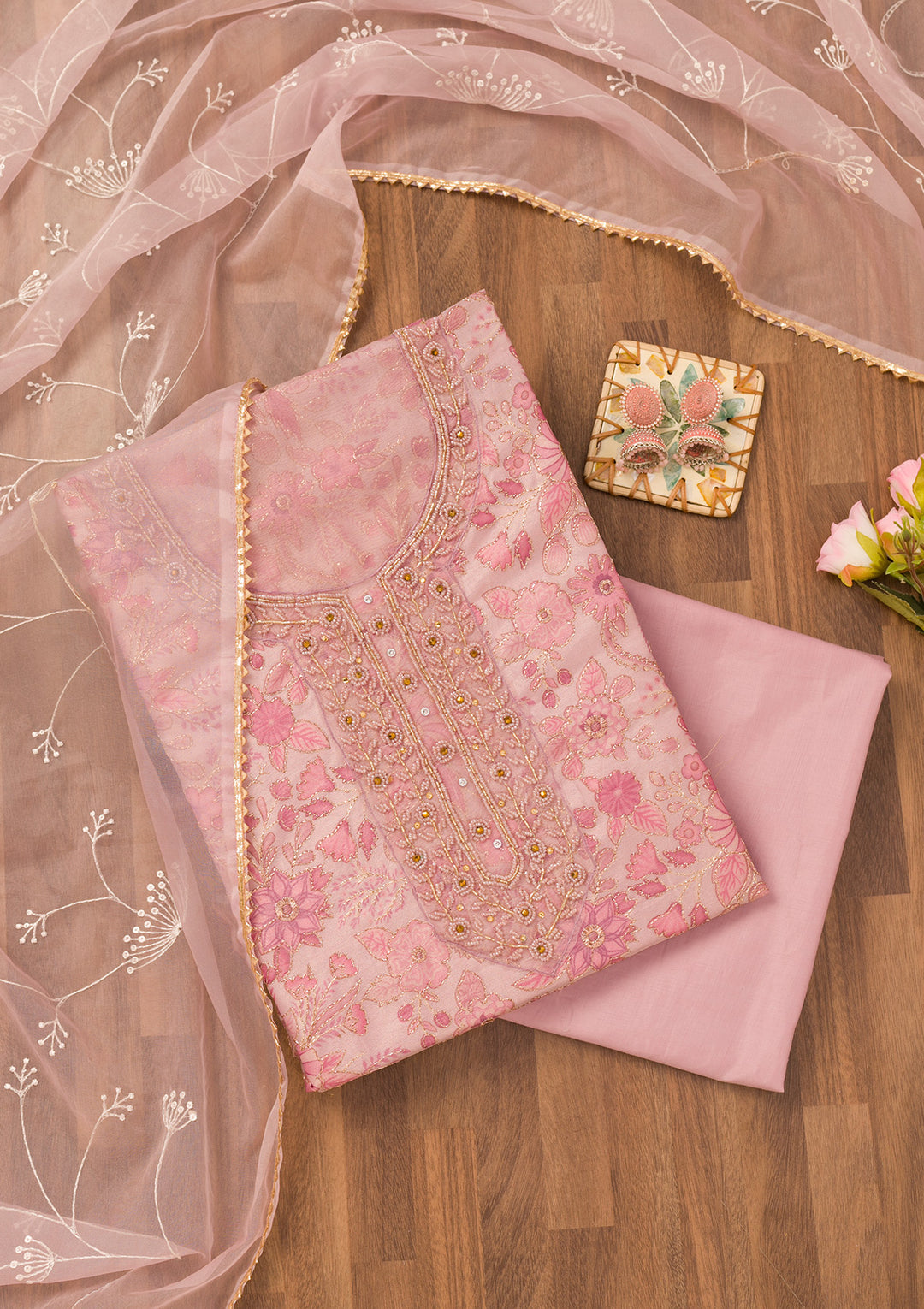 Koskii Tissue Pink Salwar Suit – Unstitched with Elegant Cutdana Embroidery