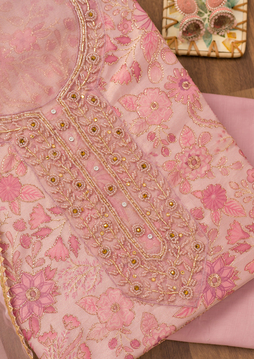 Koskii Tissue Pink Salwar Suit – Unstitched with Elegant Cutdana Embroidery