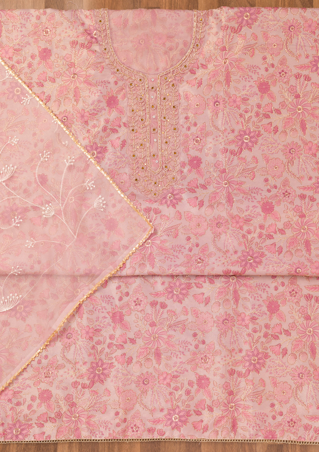 Koskii Tissue Pink Salwar Suit – Unstitched with Elegant Cutdana Embroidery