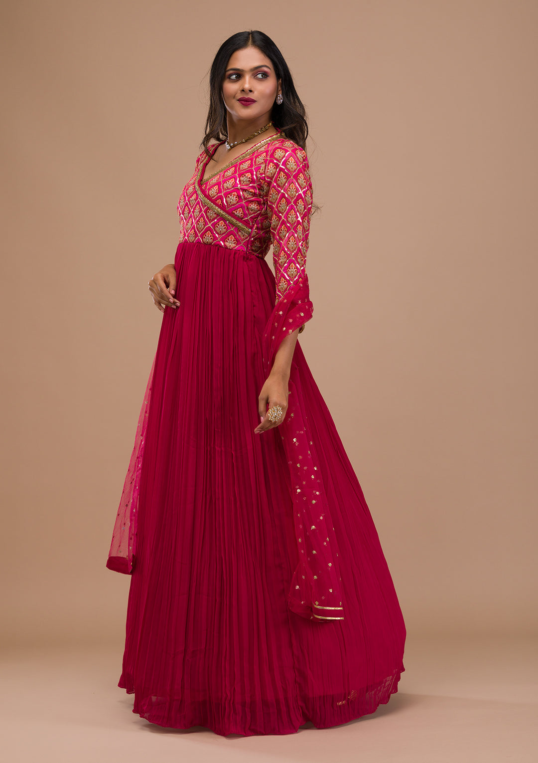 Pink Multi Georgette Sequins Anarkali Kurta With Pant Regular And Dupatta