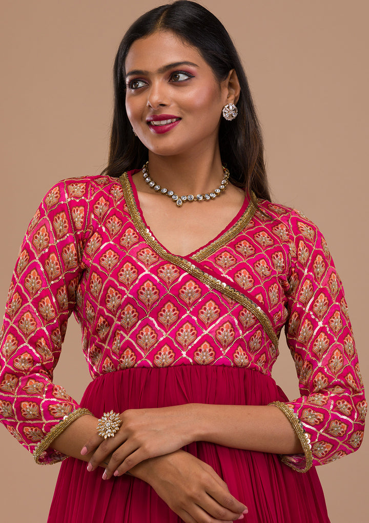 Pink Multi Georgette Sequins Anarkali Kurta With Pant Regular And Dupatta