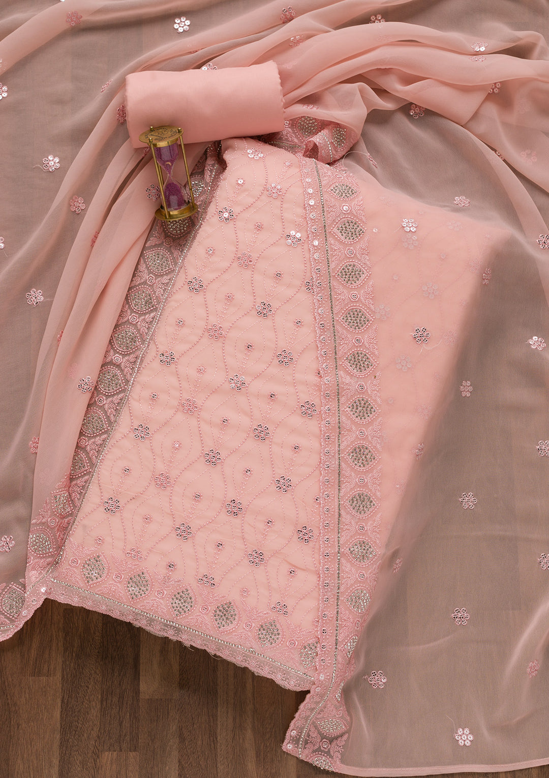 Peach Georgette Sequins Unstitched Dress Material With Matching Bottom And Dupatta