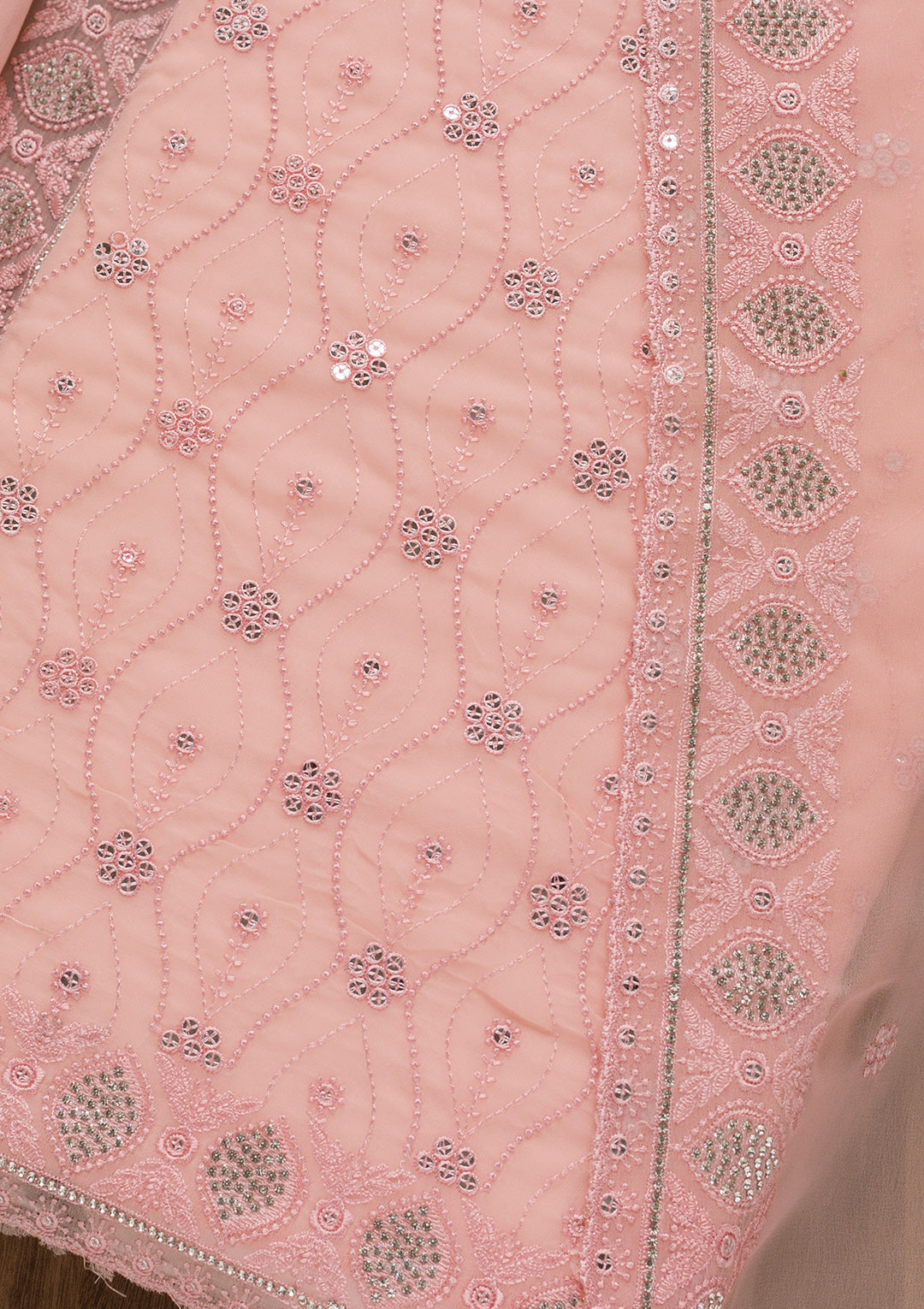 Peach Georgette Sequins Unstitched Dress Material With Matching Bottom And Dupatta