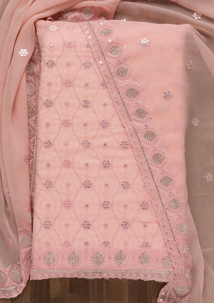 Peach Georgette Sequins Unstitched Dress Material With Matching Bottom And Dupatta