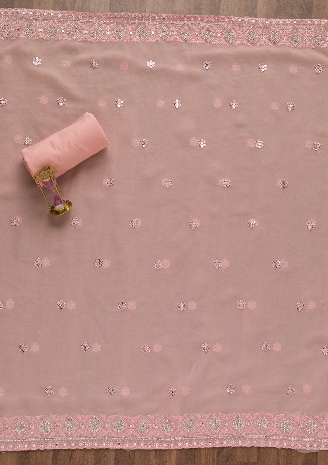 Peach Georgette Sequins Unstitched Dress Material With Matching Bottom And Dupatta