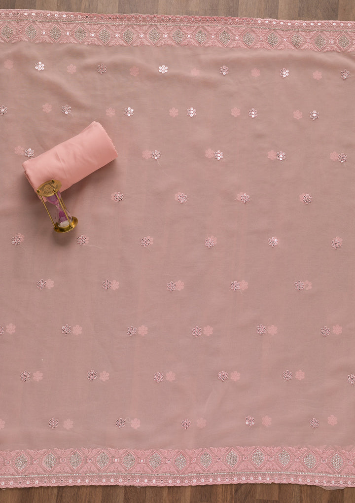 Peach Georgette Sequins Unstitched Dress Material With Matching Bottom And Dupatta