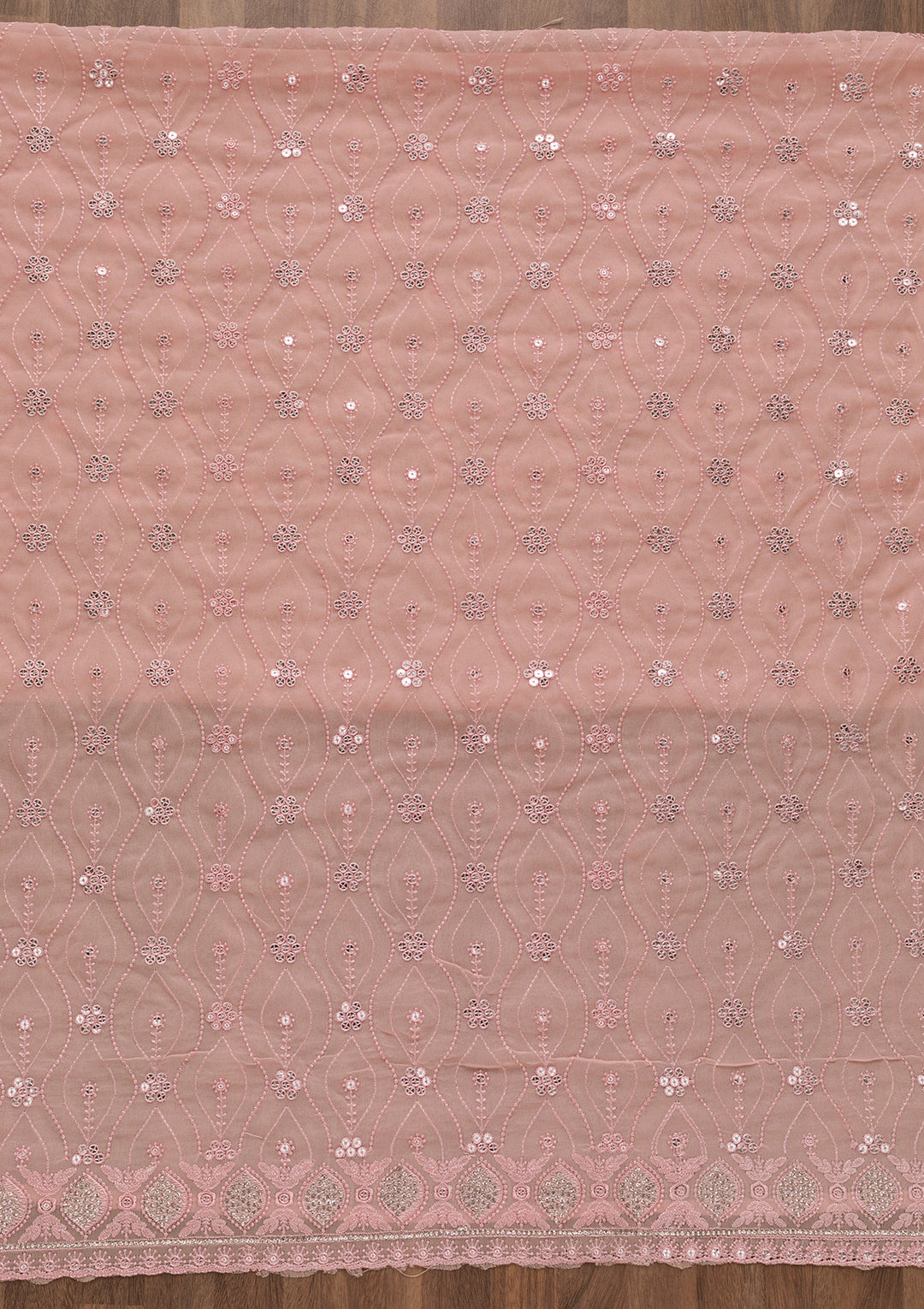 Peach Georgette Sequins Unstitched Dress Material With Matching Bottom And Dupatta