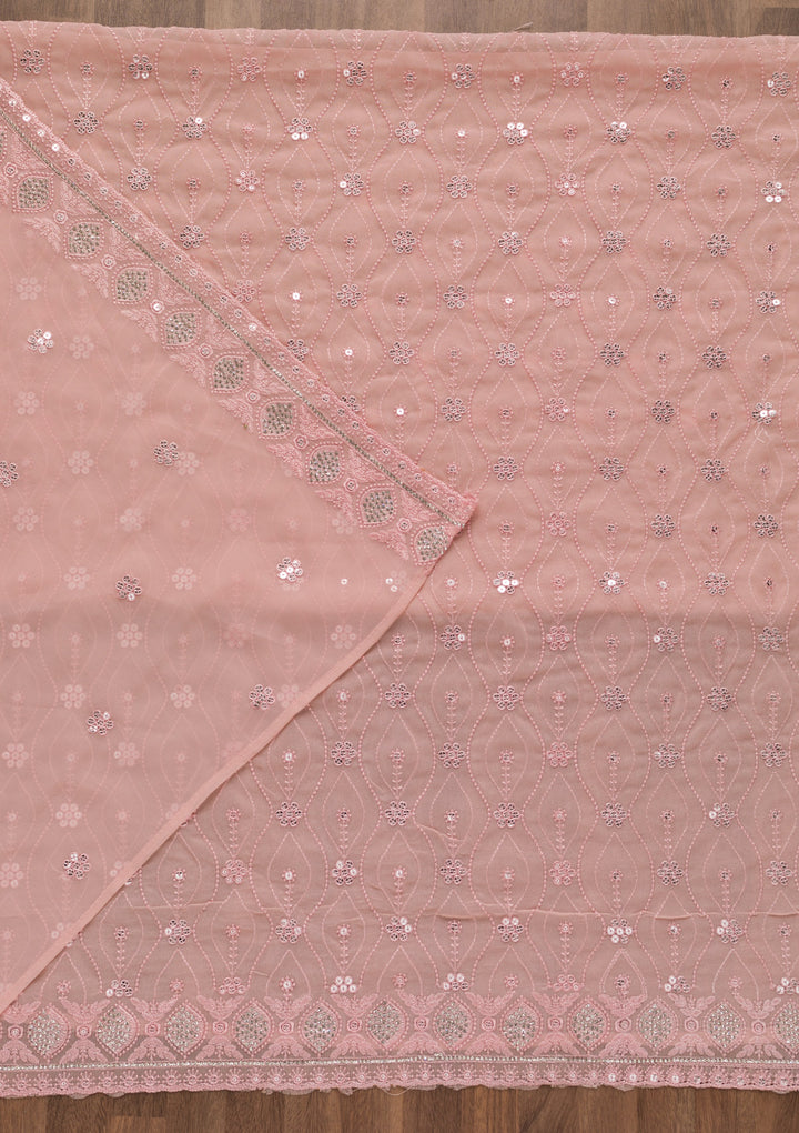 Peach Georgette Sequins Unstitched Dress Material With Matching Bottom And Dupatta