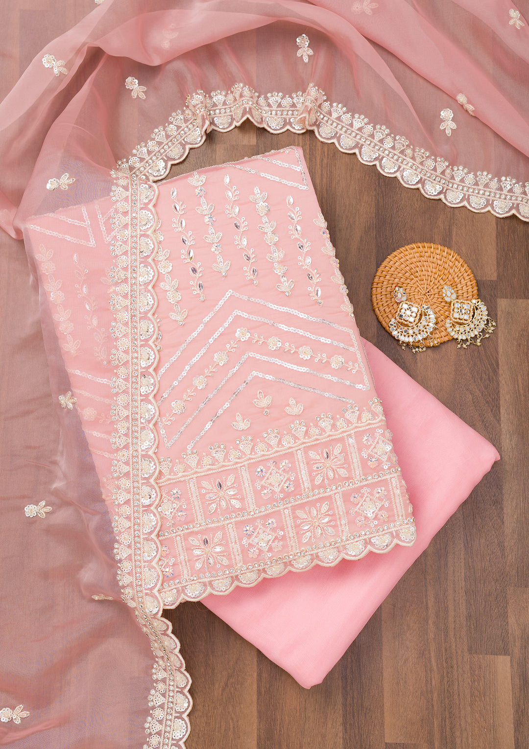 Peach Crepe Sequins Unstitched Dress Material With Matching Bottom And Dupatta