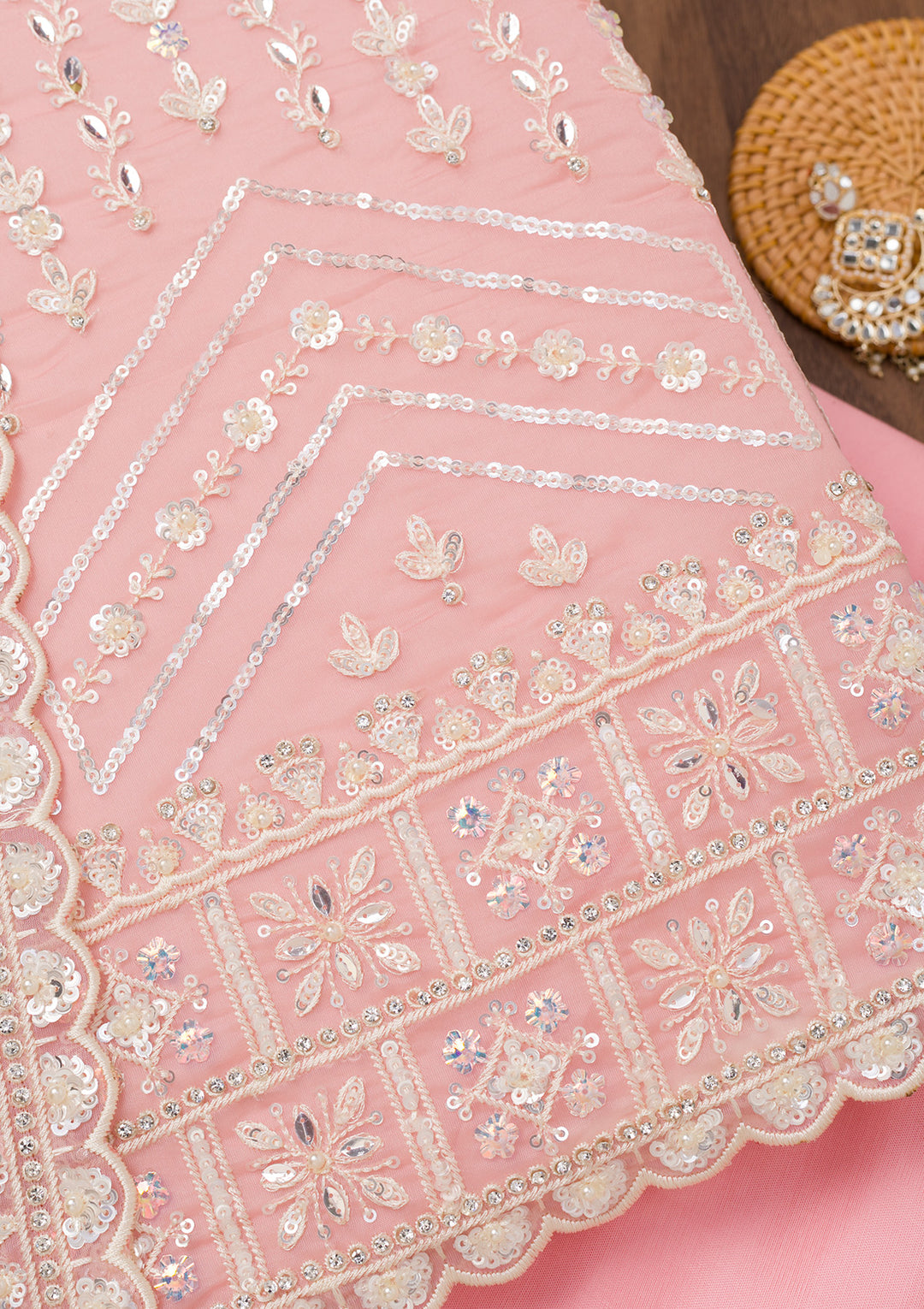 Peach Crepe Sequins Unstitched Dress Material With Matching Bottom And Dupatta
