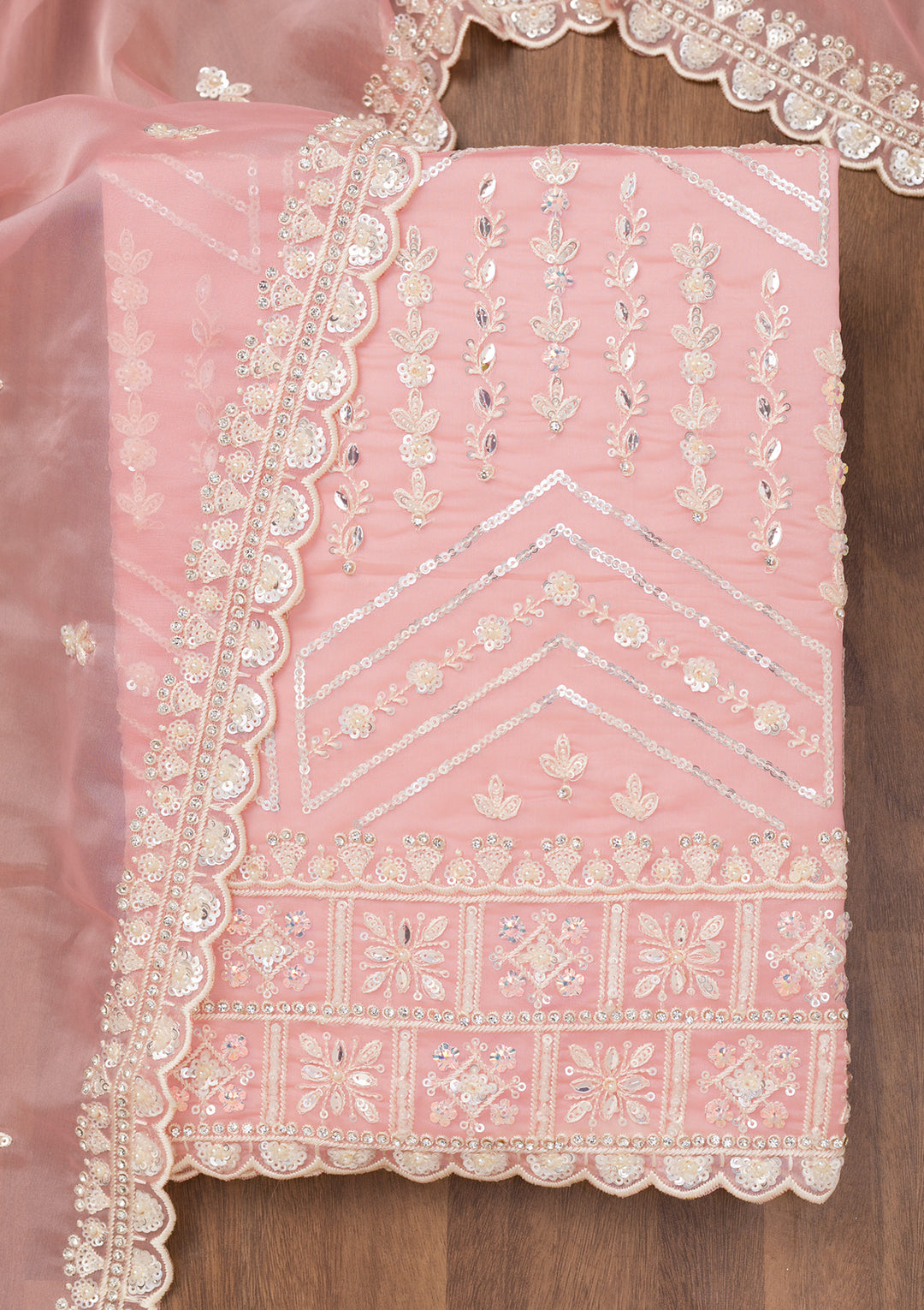 Peach Crepe Sequins Unstitched Dress Material With Matching Bottom And Dupatta
