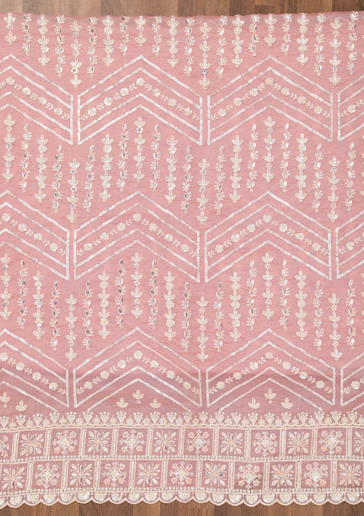 Peach Crepe Sequins Unstitched Dress Material With Matching Bottom And Dupatta
