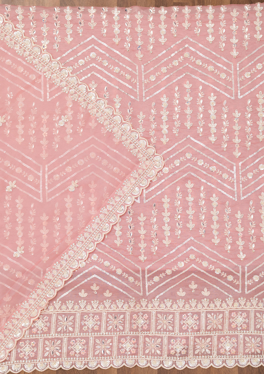 Peach Crepe Sequins Unstitched Dress Material With Matching Bottom And Dupatta