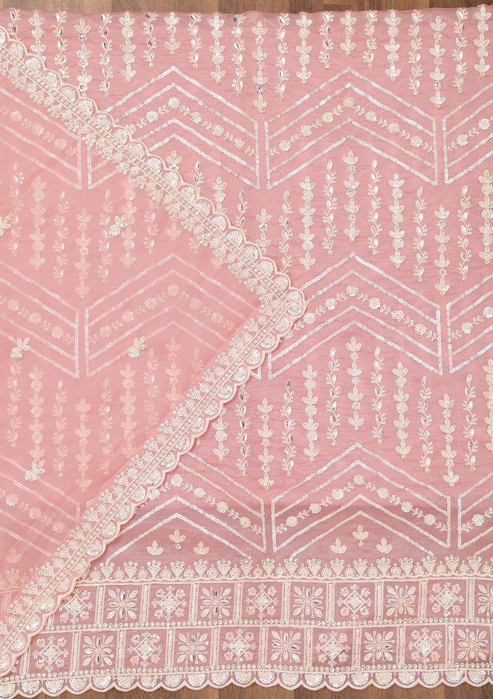 Peach Crepe Sequins Unstitched Dress Material With Matching Bottom And Dupatta