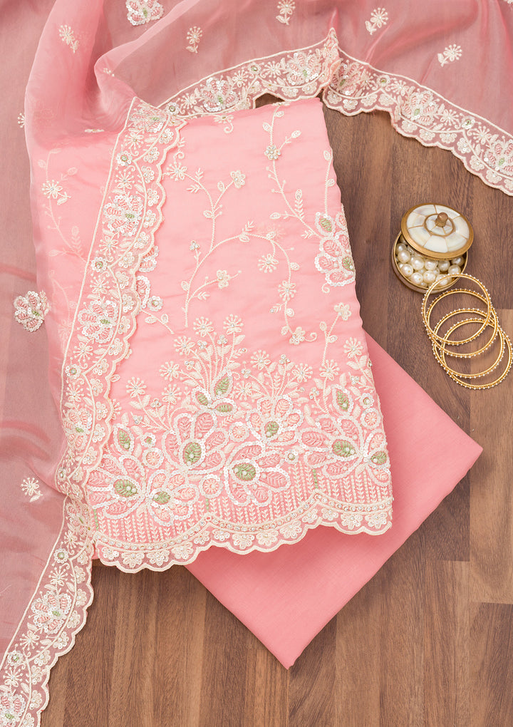 Pink Tissue Sequins Unstitched Dress Material With Matching Bottom And Dupatta