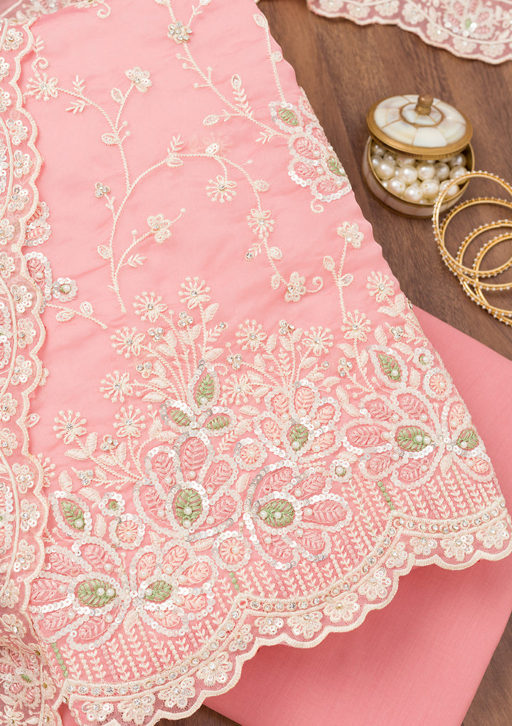 Pink Tissue Sequins Unstitched Dress Material With Matching Bottom And Dupatta