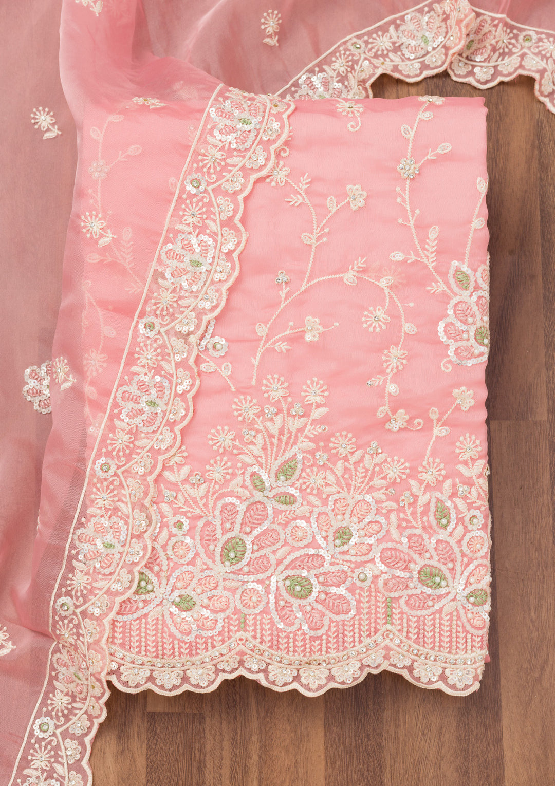Pink Tissue Sequins Unstitched Dress Material With Matching Bottom And Dupatta