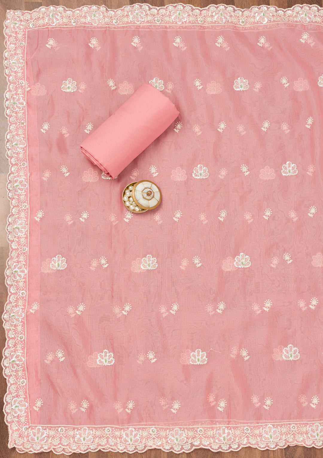 Pink Tissue Sequins Unstitched Dress Material With Matching Bottom And Dupatta