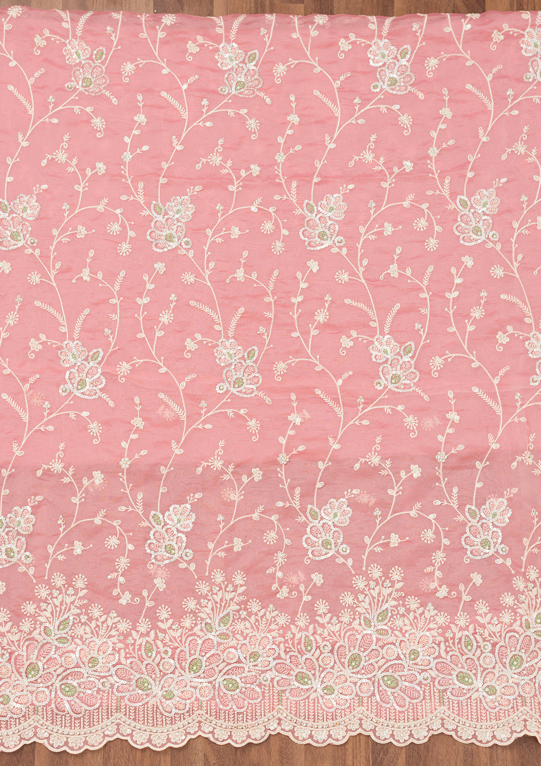 Pink Tissue Sequins Unstitched Dress Material With Matching Bottom And Dupatta