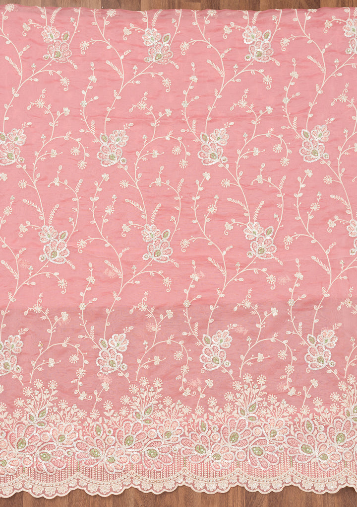 Pink Tissue Sequins Unstitched Dress Material With Matching Bottom And Dupatta